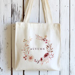 Autumn Romance Floral Wreath Personalise Tote Bag<br><div class="desc">This personalised tote bag features a watercolor flower wreath of dahlia,  garden rose,  peony,  and poppy in burgundy red,  maroon,  blush pink over fall leaves. For more advanced customisation of this design,  please click the BLUE DESIGN TOOL BUTTON. Matching items are also available.</div>