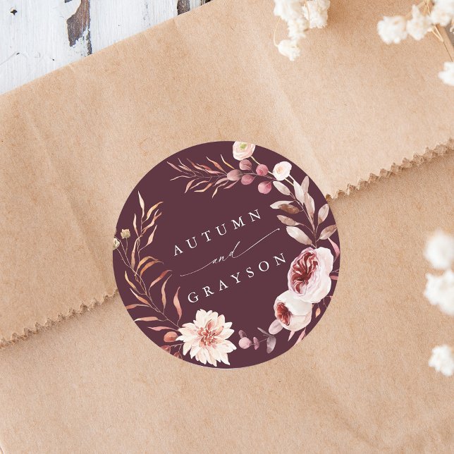 Autumn Romance Floral Wreath Wedding Burgundy  Classic Round Sticker (Creator Uploaded)