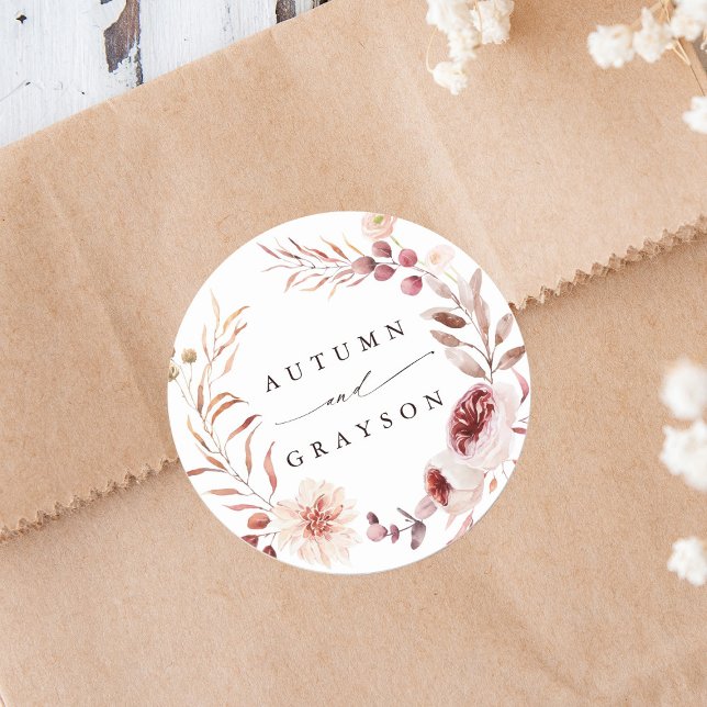 Autumn Romance Floral Wreath Wedding  Classic Round Sticker (Creator Uploaded)