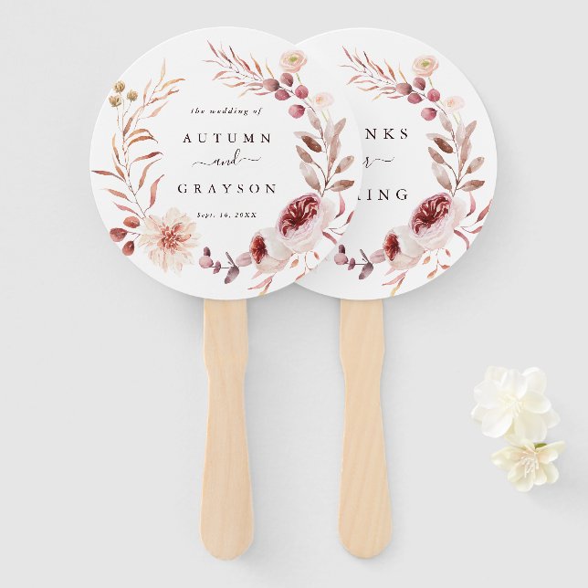 Autumn Romance Floral Wreath Wedding Hand Fan (Front and Back)