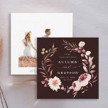 Autumn Romance Floral Wreath Wedding Photo Save The Date<br><div class="desc">This elegant wedding save the date invitation features a watercolor flower wreath of dahlias, garden roses, and peony in burgundy red, maroon, blush pink over fall leaves with a photo on the back. For more advanced customisation of this design, please click the BLUE DESIGN TOOL BUTTON. Matching items are also...</div>