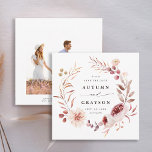 Autumn Romance Floral Wreath Wedding Photo Save The Date<br><div class="desc">This elegant wedding save the date invitation features a watercolor flower wreath of dahlias, garden roses, and peony in burgundy red, maroon, blush pink over fall leaves with a photo on the back. For more advanced customisation of this design, please click the BLUE DESIGN TOOL BUTTON. Matching items are also...</div>