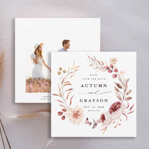 Autumn Romance Floral Wreath Wedding Photo Save The Date