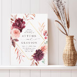 Autumn Romance Gold Frame Burgundy Wedding  Invitation<br><div class="desc">This wedding invitation features a watercolor flower wreath of dahlias,  garden roses,  and peony in burgundy red,  maroon,  blush pink over fall leaves with a faux gold diamond shape frame. For more advanced customisation of this design,  please click the BLUE DESIGN TOOL BUTTON. Matching items are also available.</div>