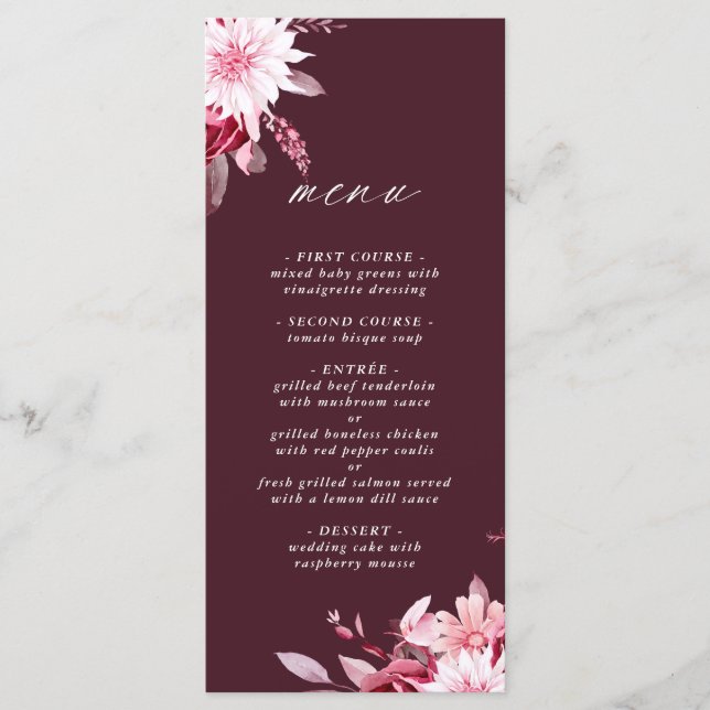 Autumn Romance Gold Frame Burgundy Wedding Menu (Front)