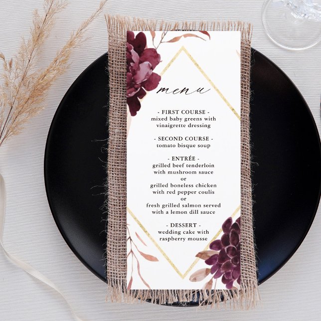 Autumn Romance Gold Frame Burgundy Wedding Menu (Creator Uploaded)