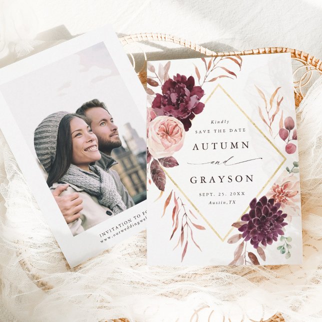Autumn Romance Gold Frame Burgundy Wedding Photo Save The Date (Front & Back)