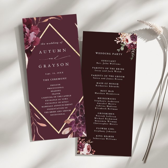 Autumn Romance Gold Frame Burgundy Wedding  Programme (Front & Back)