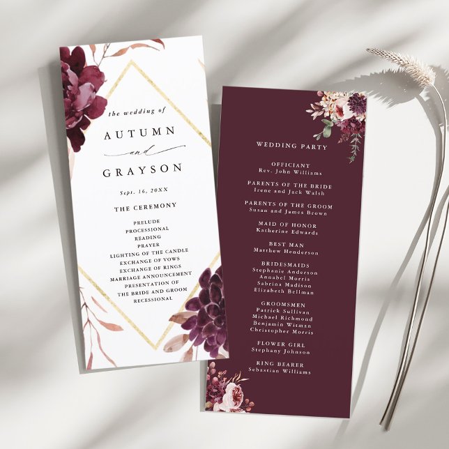 Autumn Romance Gold Frame Burgundy Wedding Programme (Front & Back)