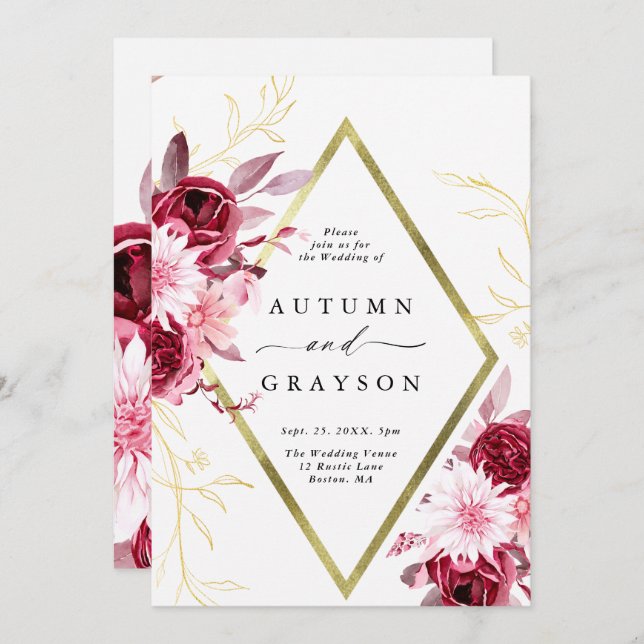 Autumn Romance Gold Frame Floral Wedding Invitation (Front/Back)