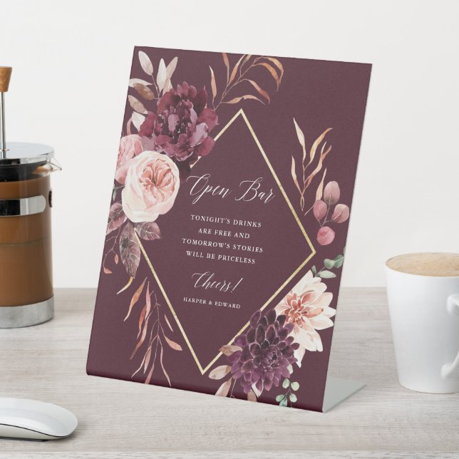 Autumn Romance Gold Frame Floral Wedding Open Bar  Pedestal Sign (In SItu)