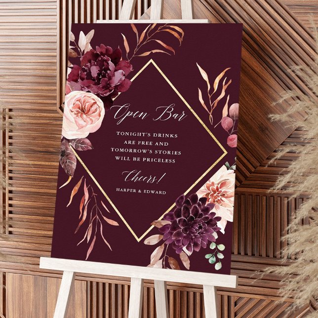 Autumn Romance Gold Frame Floral Wedding Open Bar  Poster (Creator Uploaded)