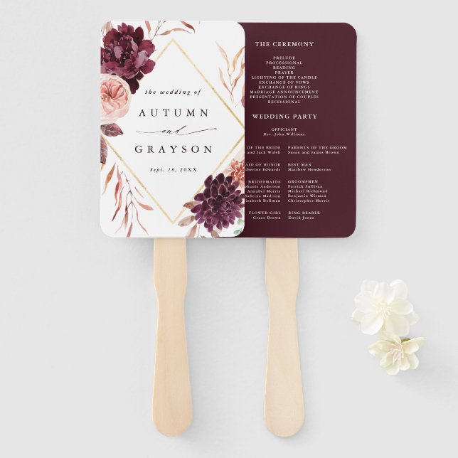 Autumn Romance Gold Frame Wedding Program  Hand Fan (Front and Back)
