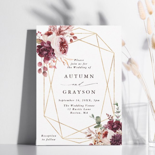 Autumn Romance Gold Geometric Frame Wedding  Invitation (Creator Uploaded)