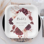 Autumn Romance Watercolor Floral Bridal Shower     Paper Plate<br><div class="desc">This bridal shower paper plate features a watercolor flower wreath of dahlias,  garden roses,  and peony in burgundy red,  maroon,  blush pink over fall leaves with a diamond shape frame. For more advanced customisation of this design,  please click the BLUE DESIGN TOOL BUTTON. Matching items are also available.</div>