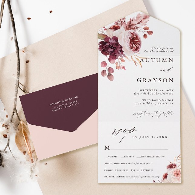 Autumn Romance Watercolor Floral Wedding All In One Invitation (Inside & Back)