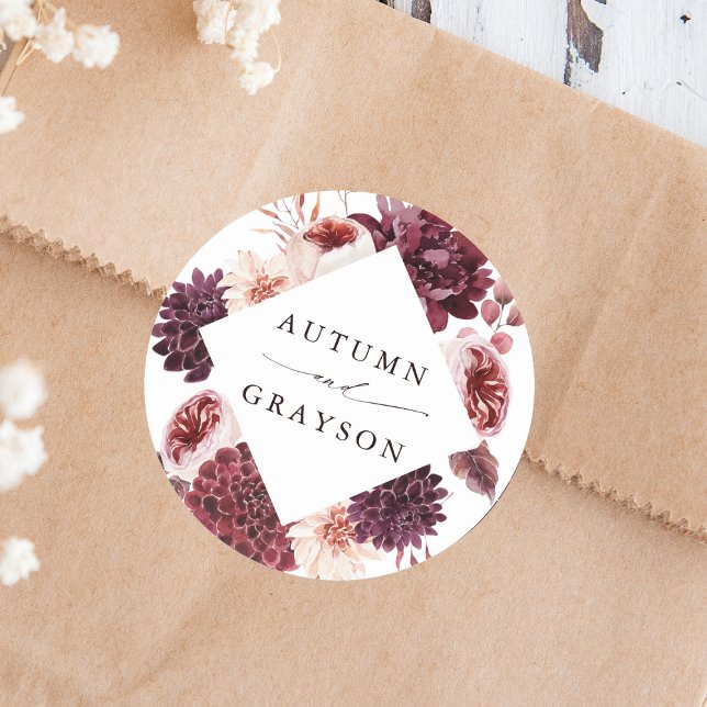 Autumn Romance Watercolor Floral Wedding  Classic Round Sticker (Creator Uploaded)