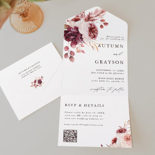 Autumn Romance Watercolor Floral Wedding QR Code All In One Invitation