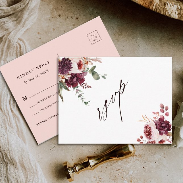 Autumn Romance Watercolor Floral Wedding RSVP Postcard (Front & Back)