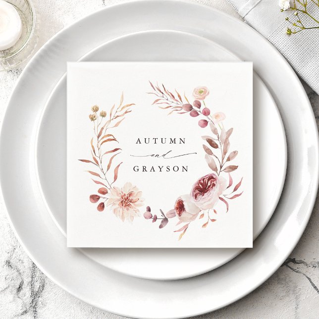 Autumn Romance Watercolor Floral Wreath Wedding  Napkin (Creator Uploaded)