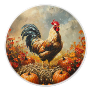 Autumn Rooster with Pumpkins Ceramic Knob