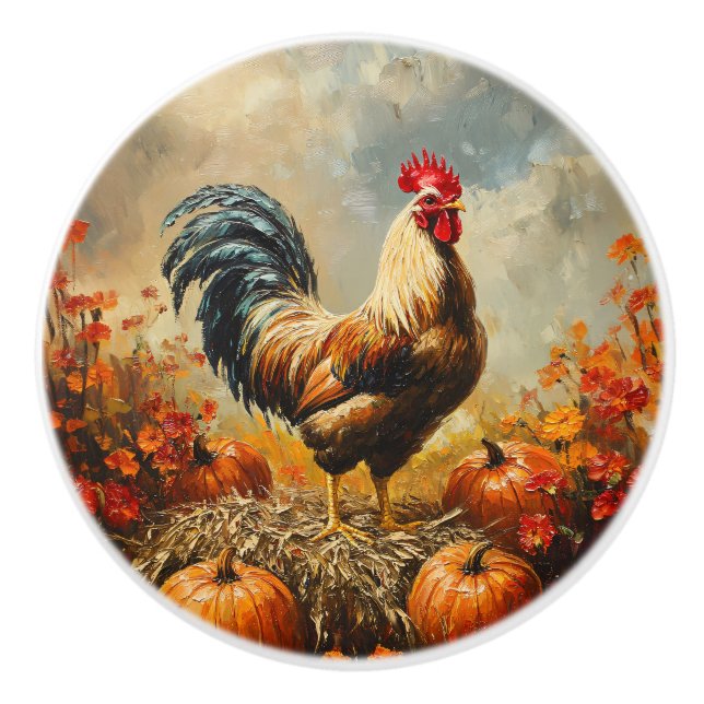 Autumn Rooster with Pumpkins Ceramic Knob (Front)