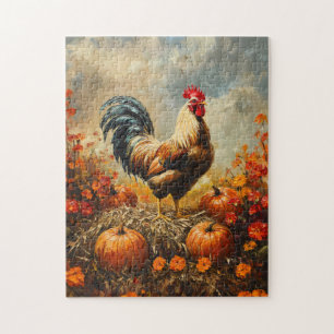 Autumn Rooster with Pumpkins Jigsaw Puzzle