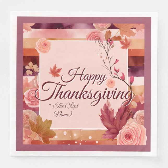 Autumn Rose Happy Thanksgiving Paper Napkin (Front)