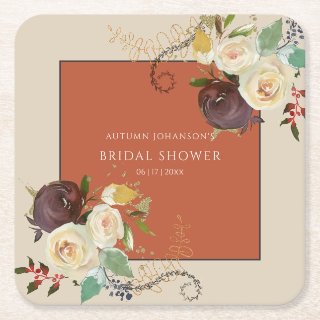 Autumn Roses Bridal Shower Square Paper Coaster (Front)