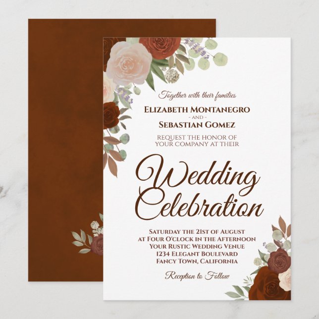 Autumn Roses Elegant Rust Orange Wedding Invitation (Front/Back)