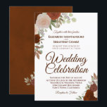 Autumn Roses Elegant Rust Orange Wedding Invitation<br><div class="desc">This floral wedding invitation features a beautiful hand painted watercolor design with rust orange, burnt umber, and coral peach coloured roses surrounded by sprigs of eucalyptus, foliage, and greenery. The wording is formal and includes fancy script lettering. The card has a marbled rust coloured back with a small bouquet of...</div>