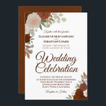 Autumn Roses Elegant Rust Orange Wedding Invitation<br><div class="desc">This floral wedding invitation features a beautiful hand painted watercolor design with rust orange, burnt umber, and coral peach coloured roses surrounded by sprigs of eucalyptus, foliage, and greenery. The wording is formal and includes fancy script lettering. The card has a marbled rust coloured back with a small bouquet of...</div>