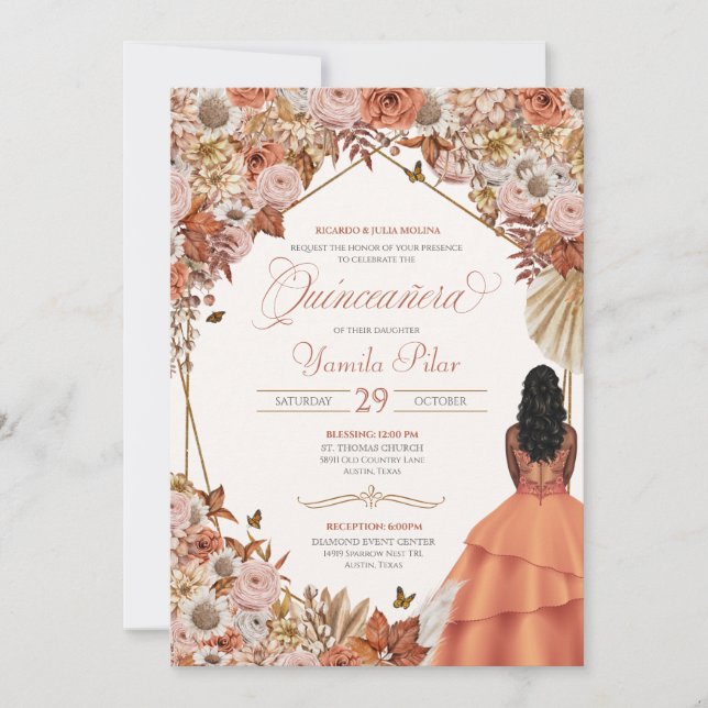 Autumn Rust Dried Floral Fall Leaves Quinceanera I Invitation (Front)
