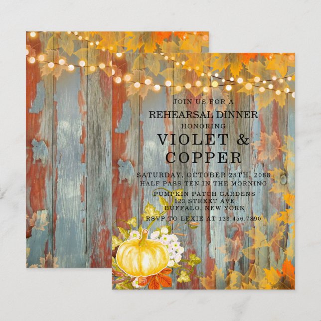Autumn Rust Lights Pumpkin Peo me Rehearsal Dinner Invitation (Front/Back)