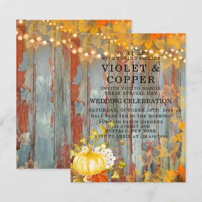 Autumn Rust Lights Pumpkin Peony Wedding  Invitation (Front/Back)