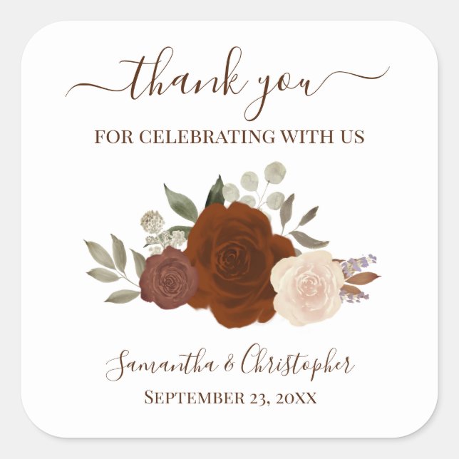Autumn Rust Orange Roses Wedding Thank You Square Sticker (Front)