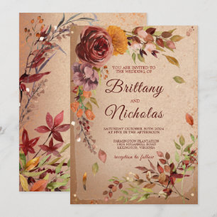 Autumn Rustic Bloom Burgundy Blush Fall Wedding Invitation