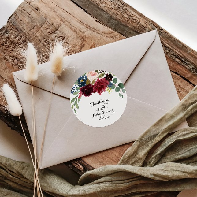 Autumn Rustic Burgundy Baby Shower Thank you Classic Round Sticker (Creator Uploaded)