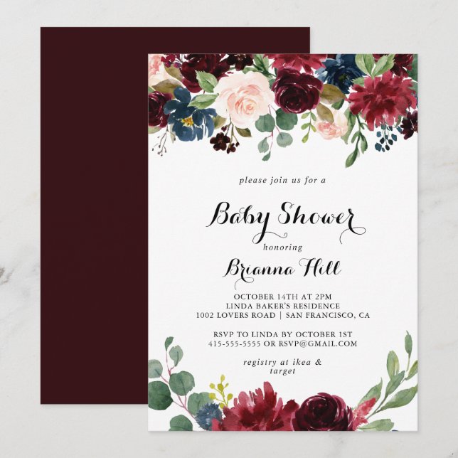 Autumn Rustic Burgundy Calligraphy Baby Shower Invitation (Front/Back)