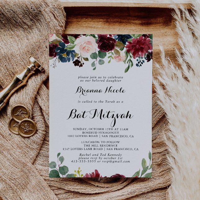 Autumn Rustic Burgundy Calligraphy Bat Mitzvah Invitation (Creator Uploaded)