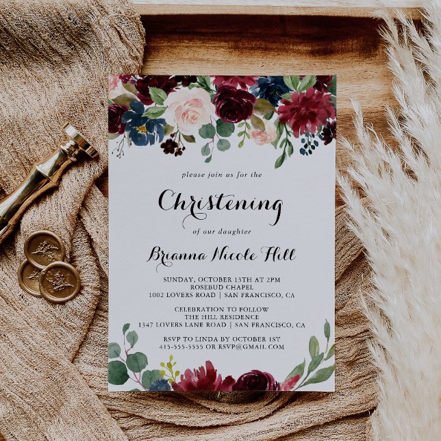 Autumn Rustic Burgundy Calligraphy Christening Invitation (Creator Uploaded)