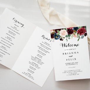 Autumn Rustic Burgundy Calligraphy Folded Wedding Programme