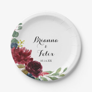 Autumn Rustic Burgundy Calligraphy Wedding Cake Paper Plate