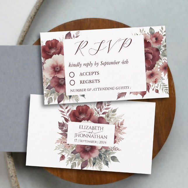 Autumn Rustic Burgundy Floral Watercolor RSVP  Card (Creator Uploaded)