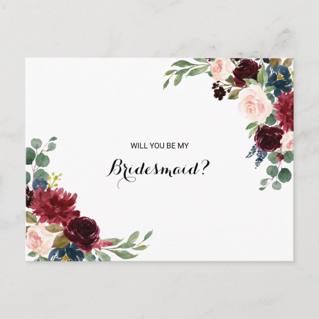 Autumn Rustic Dazzling Burgundy Bridesmaid Invitation Postcard (Front)