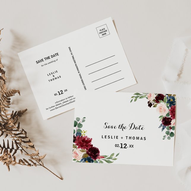 Autumn Rustic Dazzling Burgundy Save the Date Postcard (Creator Uploaded)