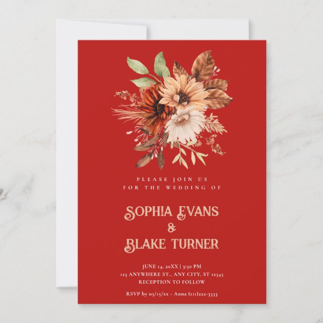 Autumn Rustic Floral Botanical Crimson Red Wedding Invitation (Front)