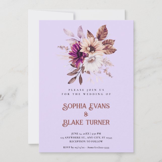 Autumn Rustic Floral Botanical Purple Wedding Invitation (Front)