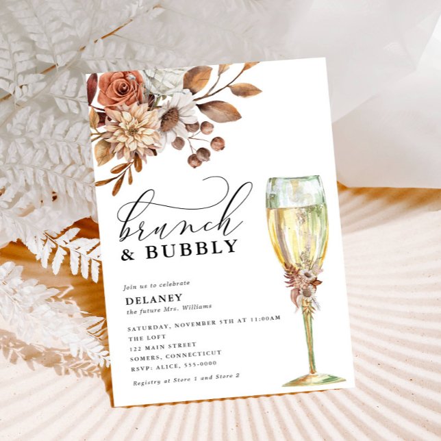 Autumn Rustic Floral, Brunch & Bubbly Shower Invitation (Autumn Beauty: Watercolor Blooms and Fall Leaves )