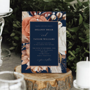 Autumn Rustic Floral, Framed Blue Dark Wedding Invitation
